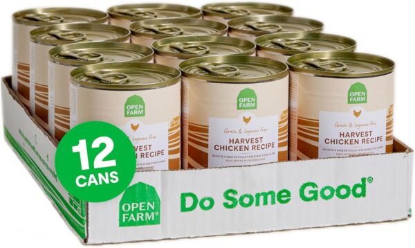 A 12-pack case of Open Farm Harvest Chicken Recipe grain-free and legume-free canned dog food