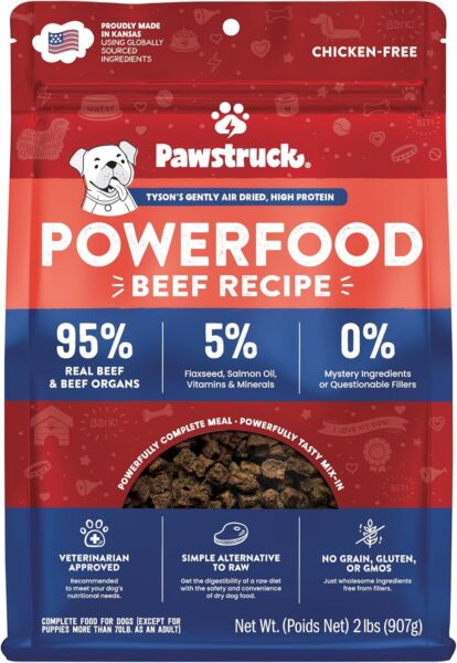 Pawstruck Powerfood Beef Recipe air-dried dog food package showing 95% real beef and beef organs with chicken-free formula made in Kansas