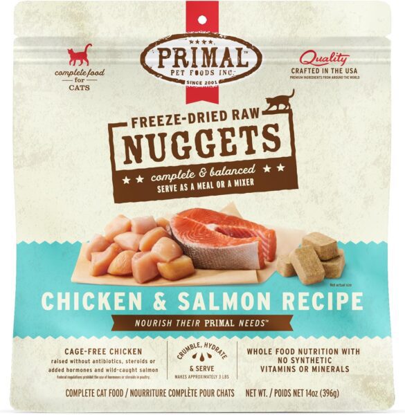Primal Pet Foods Freeze-Dried Raw Nuggets Chicken & Salmon Recipe package showing raw chicken pieces, salmon fillet, and freeze-dried nuggets with "complete & balanced" messaging