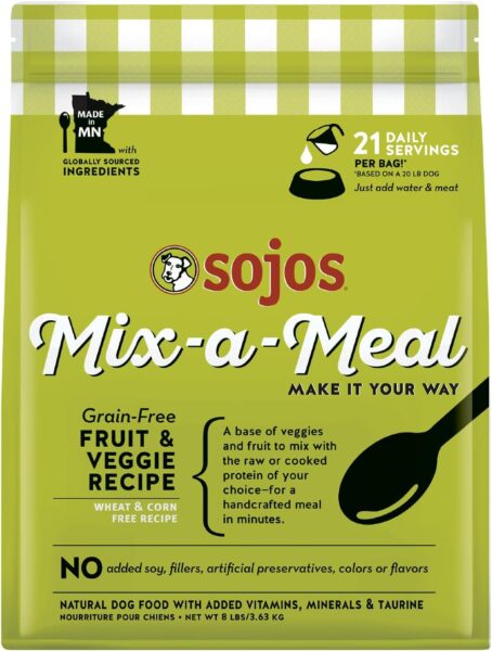Sojo's Mix-a-Meal Grain-Free Fruit & Veggie Recipe package with green checkered design and dog bowl illustration showing 21 daily servings per bag