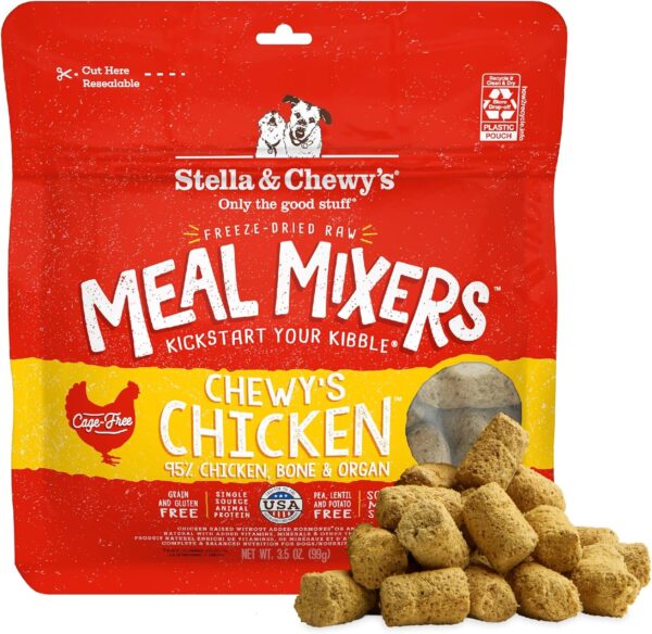 Stella & Chewy's Freeze-Dried Raw Meal Mixers Chewy's Chicken package with freeze-dried pieces displayed, showing 95% chicken, bone and organ content