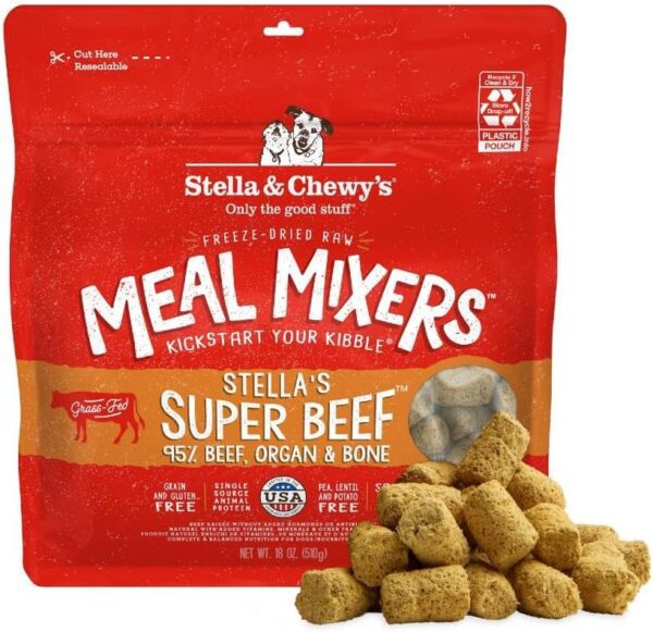 Stella & Chewy's Freeze-Dried Raw Meal Mixers Super Beef package in red with freeze-dried nuggets displayed, showing 95% beef, organ and bone content