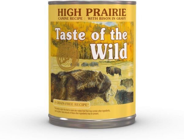Can of Taste of the Wild High Prairie Canine Recipe with Bison in Gravy, a grain-free wet dog food.
