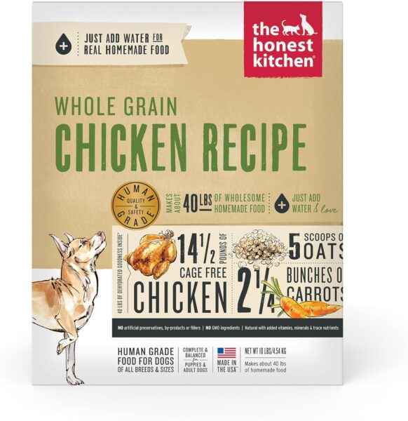 The Honest Kitchen Whole Grain Chicken Recipe dehydrated dog food box showing human grade ingredients and just add water preparation