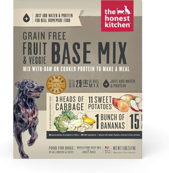 The Honest Kitchen Grain Free Fruit & Veggie Base Mix package featuring a black dog illustration and ingredient graphics showing cabbage, sweet potatoes, and bananas