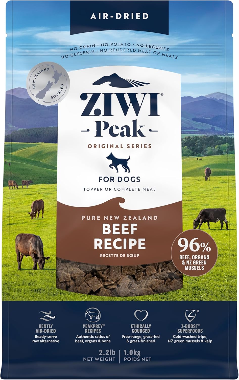 ZIWI Peak Original Series air-dried beef recipe dog food package showing 96% beef, organs and New Zealand green mussels with New Zealand pastoral background