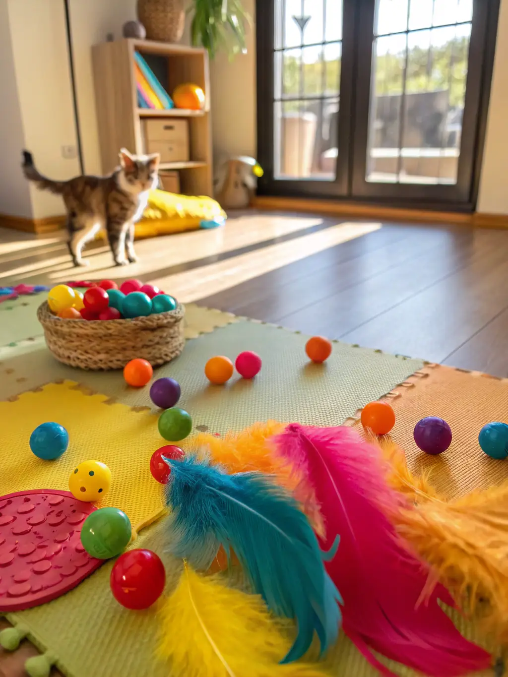 A collection of interactive cat toys, including a laser pointer, feather wand, and puzzle feeder, arranged on a dark gray surface. The toys are designed to stimulate your cat's natural hunting instincts.