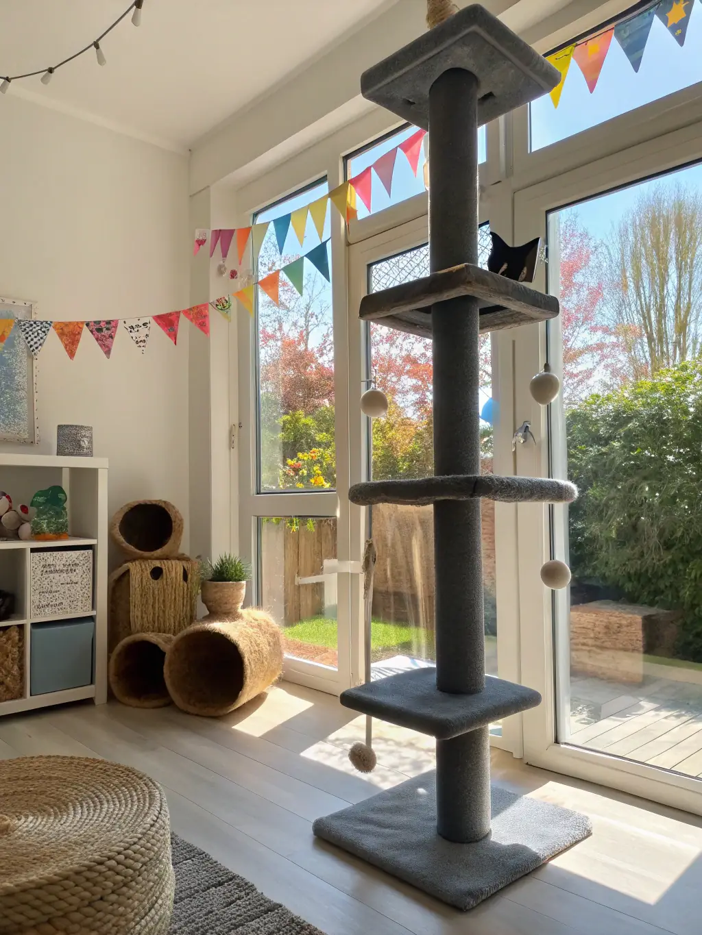 A durable, multi-level cat tree with scratching posts and cozy hideaways, set against a minimalist dark background. The tree is designed with emerald green accents and sturdy construction.