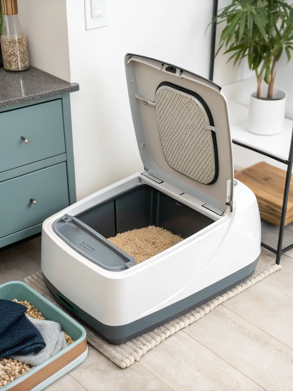 A self-cleaning cat litter box with a dark gray exterior and teal accents, photographed in a modern bathroom setting. The image highlights the automatic cleaning mechanism and odor control features.
