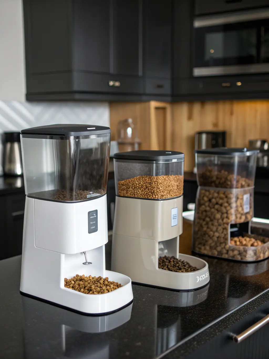 A sleek, modern cat food dispenser with portion control, photographed in a well-lit studio setting. The dispenser is teal with a dark gray base, showcasing its user-friendly design and digital display.