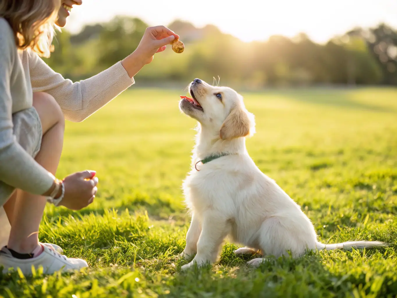 A golden retriever puppy sits attentively during a training session, with a clicker and treats visible, symbolizing effective training techniques.
