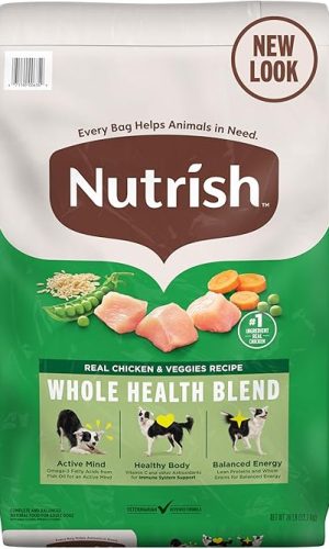 Rachael Ray Nutrish dog food bag featuring Real Chicken & Veggies Recipe Whole Health Blend with green and beige packaging, showing images of chicken and vegetables
