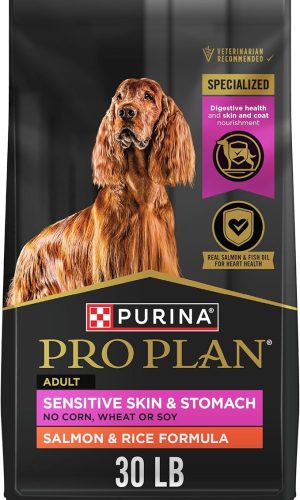 Purina Pro Plan Adult Sensitive Skin & Stomach dog food bag, 30 lb salmon and rice formula, no corn wheat or soy, featuring Irish Setter dog