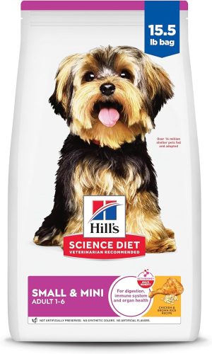 Hill's Science Diet Small and Mini Adult dog food 15.5 lb bag with Yorkshire Terrier on packaging, chicken and brown rice recipe for dogs 1-6 years