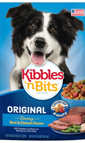 Kibbles n Bits Original Savory Beef and Chicken Flavors dog food bag featuring black and white Border Collie and colorful dual-texture kibble