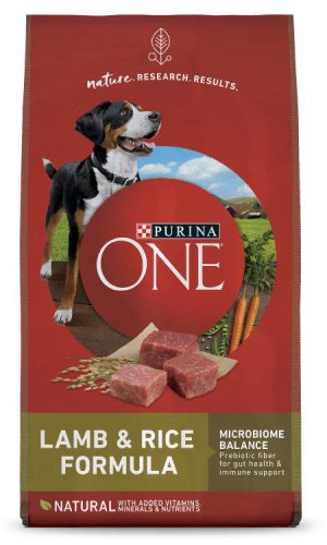 Purina ONE SmartBlend Lamb and Rice Formula dry dog food bag with product details and ingredients visible