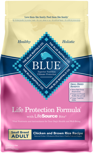 Blue Buffalo Life Protection Formula Small Breed Adult Chicken and Brown Rice Recipe dog food package with LifeSource Bits