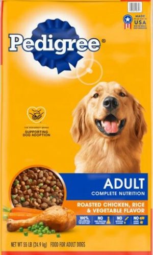 Pedigree Complete Adult dog food bag showing yellow packaging with golden retriever and kibble, 55lb club size roasted chicken rice vegetable flavor"